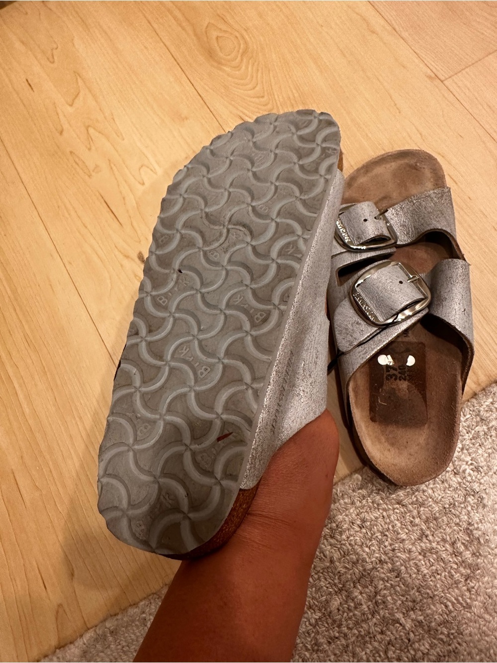 Birkenstock Big Buckle Metallic Gray Slide Sandals - Picture 8 of 10